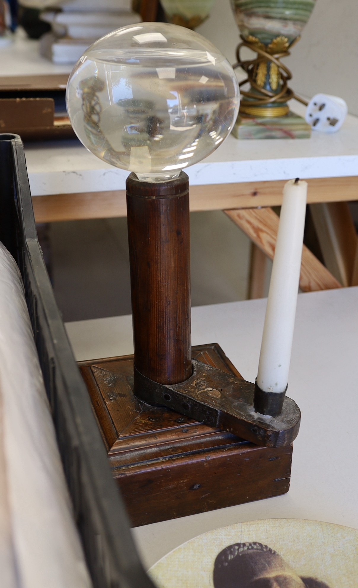 A lace maker's lamp, wooden pillow and lace maker's accessories, lamp 35cm high